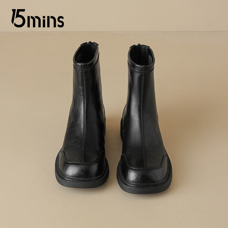 15mins英伦风黑色短靴女2025秋季新款方头时装靴百搭后拉链马丁靴,女鞋,时装靴,淘宝优惠券,粉丝福利购,淘宝优惠卷