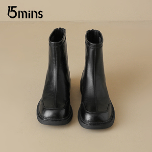 靴百搭后拉链马丁靴 方头时装 15mins英伦风黑色短靴女2025秋季 新款
