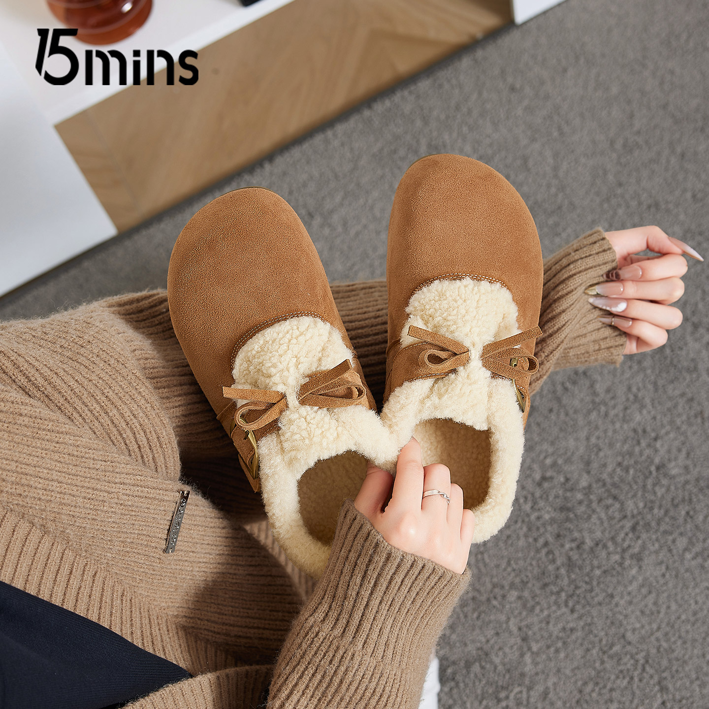 15mins蝴蝶结加绒勃肯鞋女