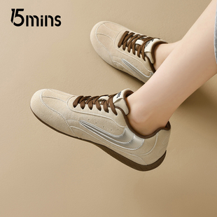 15mins复古风德训鞋女2026春季新款杏色软底系带休闲百搭运动鞋子