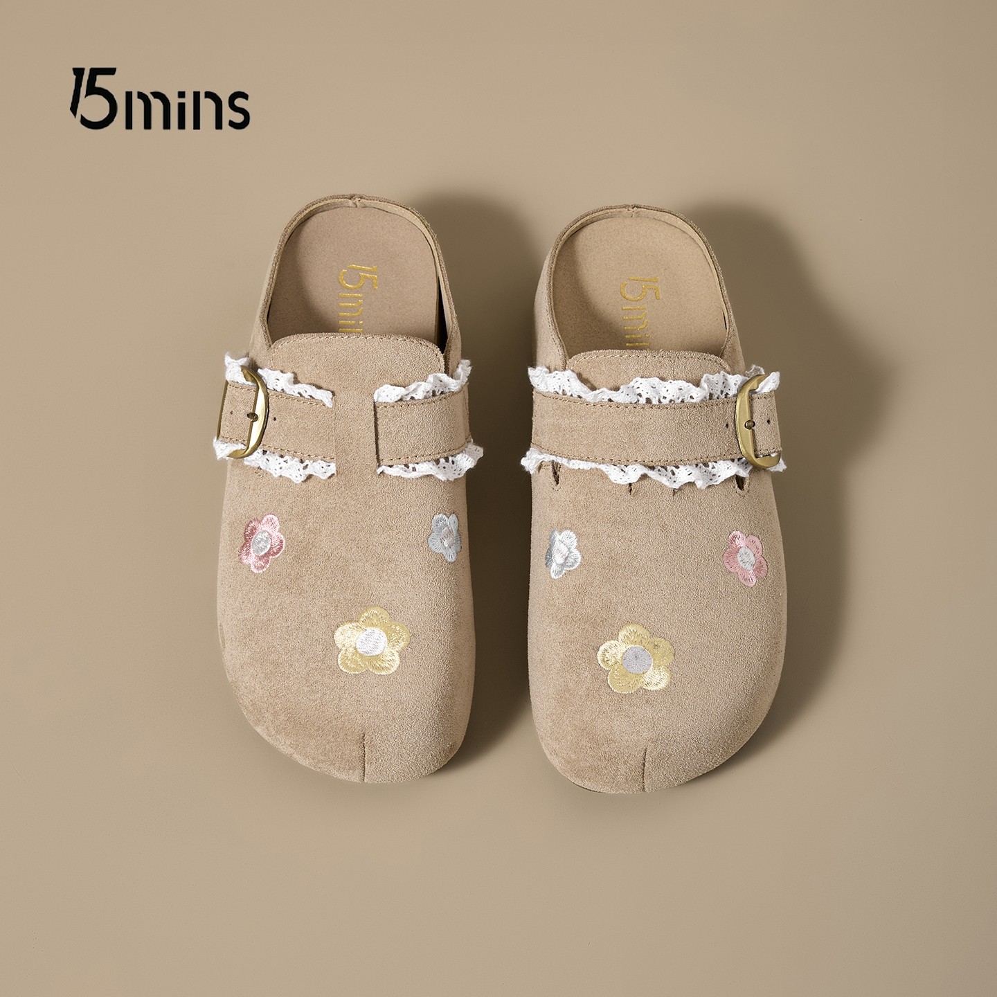 15mins刺绣花朵一脚蹬勃肯鞋女2026新款春季厚底内增高包头拖鞋子