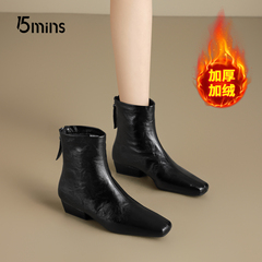 15mins法式低跟短靴女2025新款冬季加绒后拉链粗跟马丁靴瘦瘦靴子