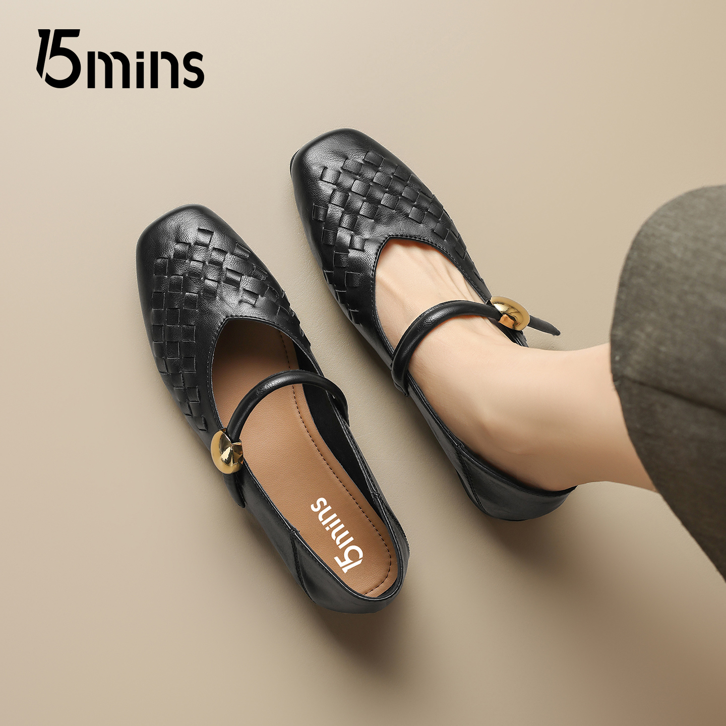 15mins时尚编织玛丽珍鞋女2025春