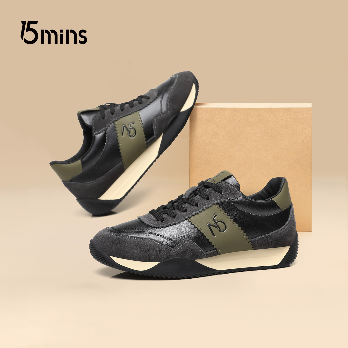 15mins官方正品男鞋2026春季新款运动休闲鞋厚底透气德训阿甘鞋子