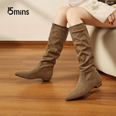 15mins长筒堆堆靴女2026新款 春季 尖头不过膝瘦瘦靴长靴低跟西部靴