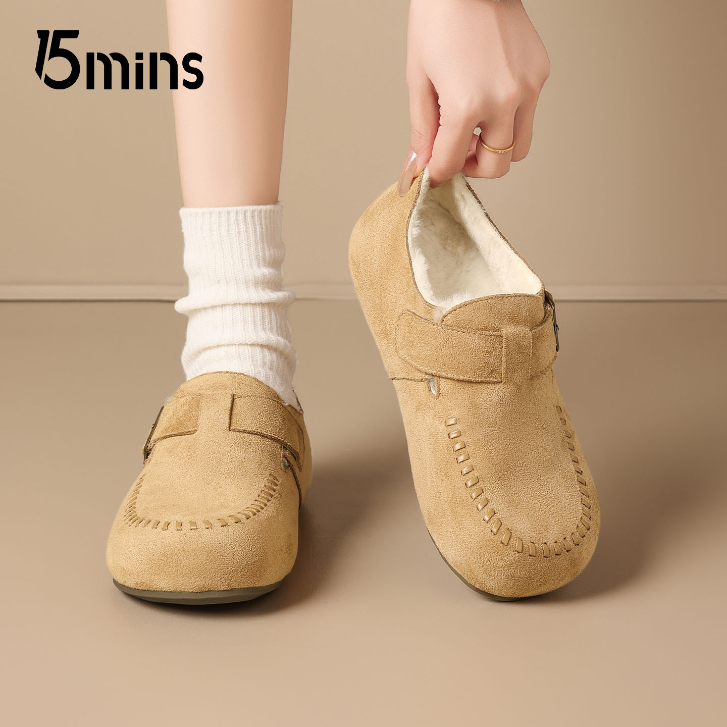 15mins平底加绒勃肯鞋女2025冬季