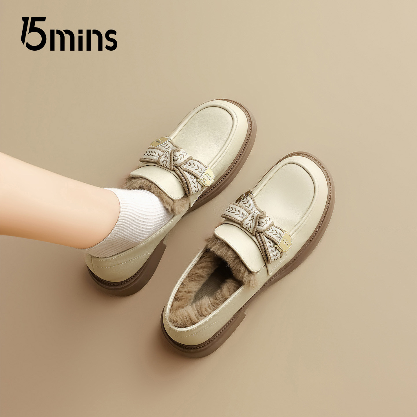 15mins厚底加绒乐福鞋女2025秋冬新款粗跟单鞋加厚保暖白色小皮鞋,女鞋,乐福鞋（豆豆鞋）,淘宝优惠券,粉丝福利购,淘宝优惠卷