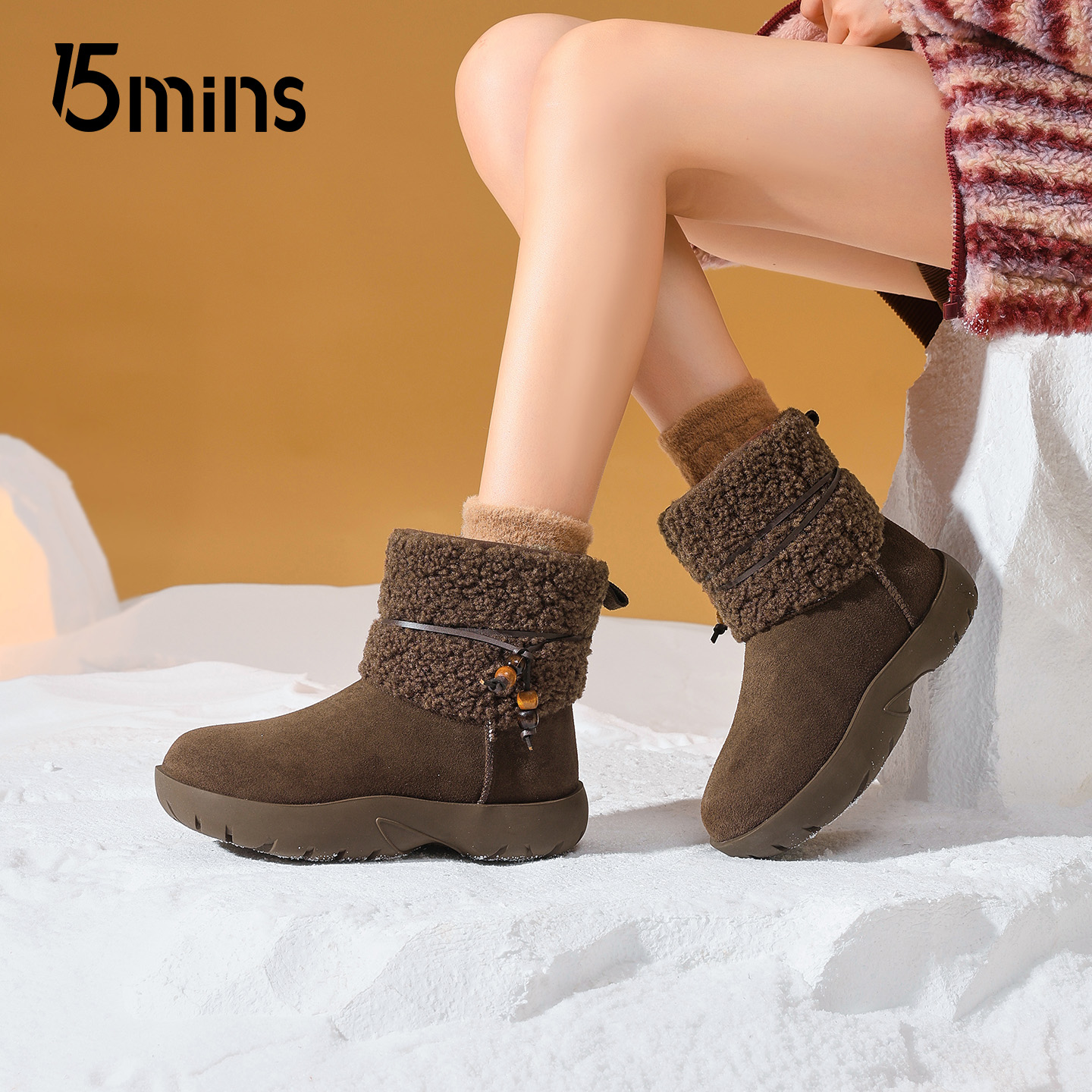 15mins厚底雪地靴女2025新款冬季