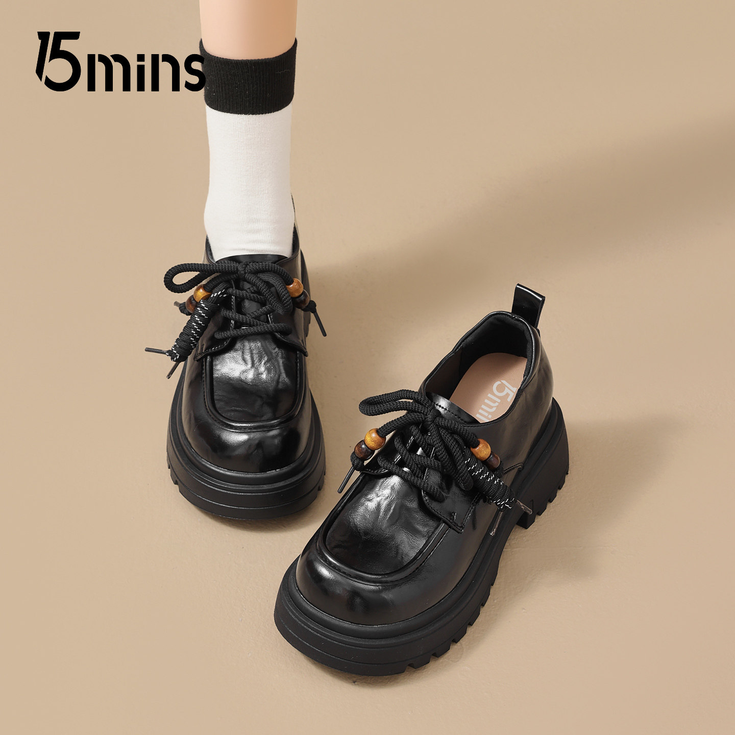 15mins厚底乐福鞋女2026新款春季英伦风黑色小皮鞋增高不累脚单鞋