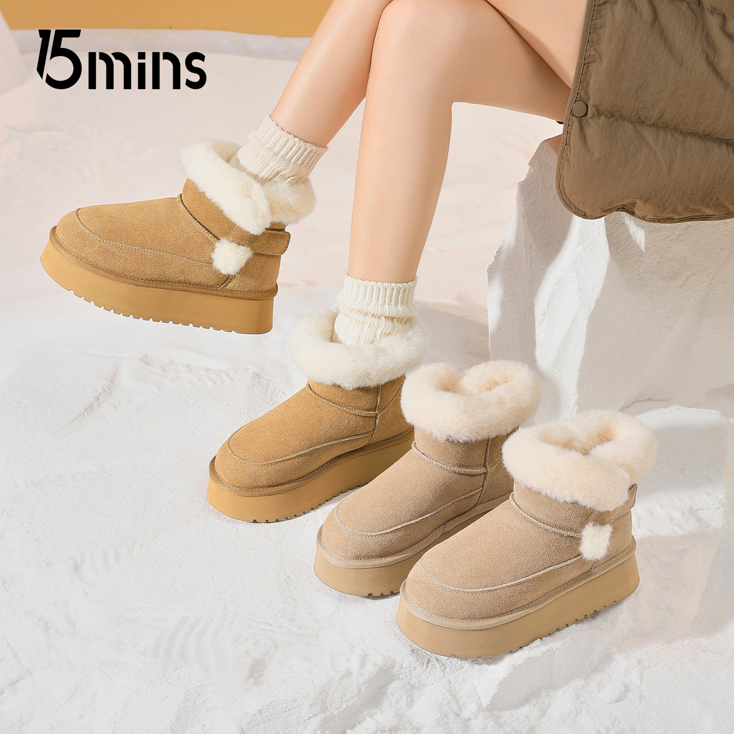 15mins厚底雪地靴女款2025新款
