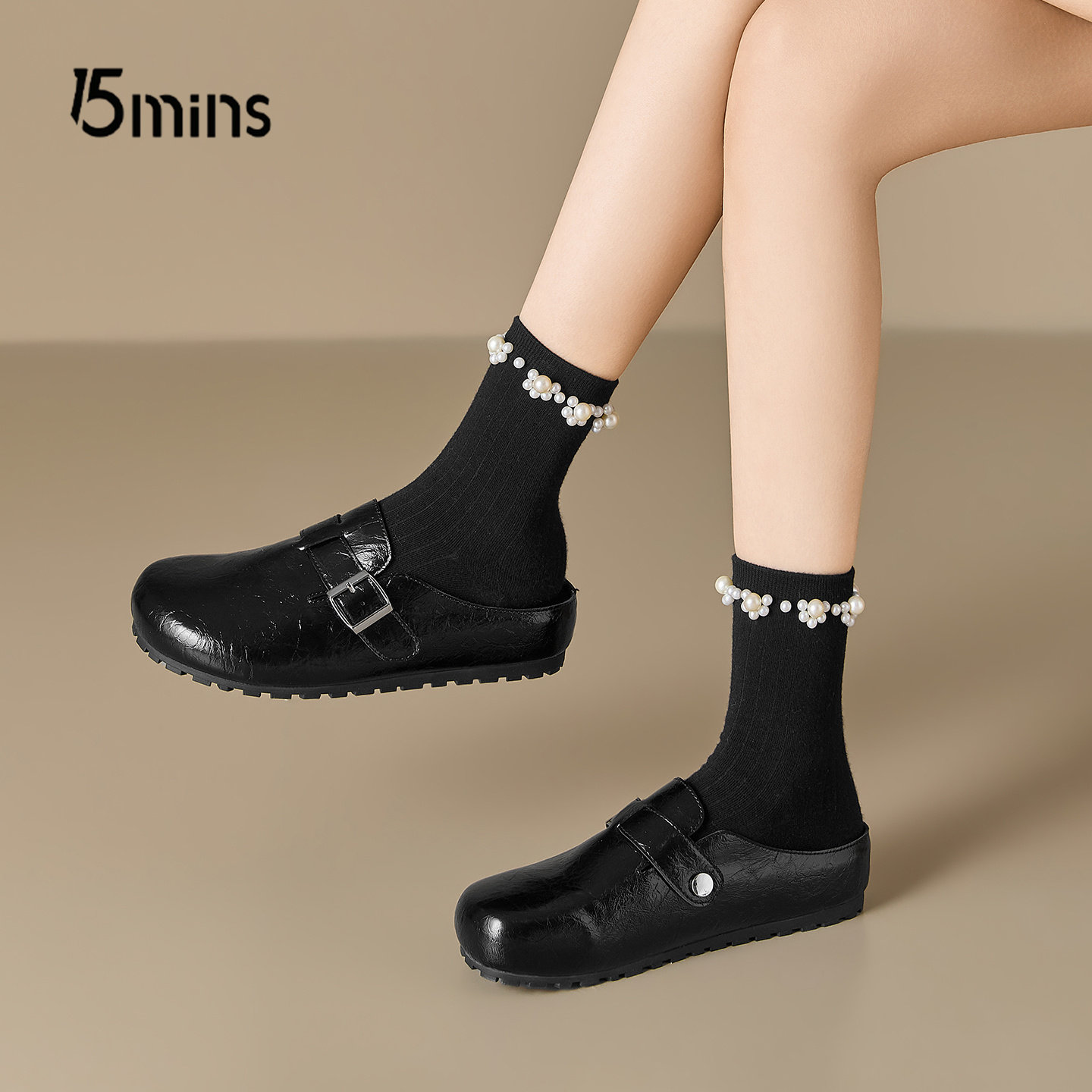 15mins黑色包头拖鞋女2026新款春季内增高厚底勃肯鞋一脚蹬懒人鞋