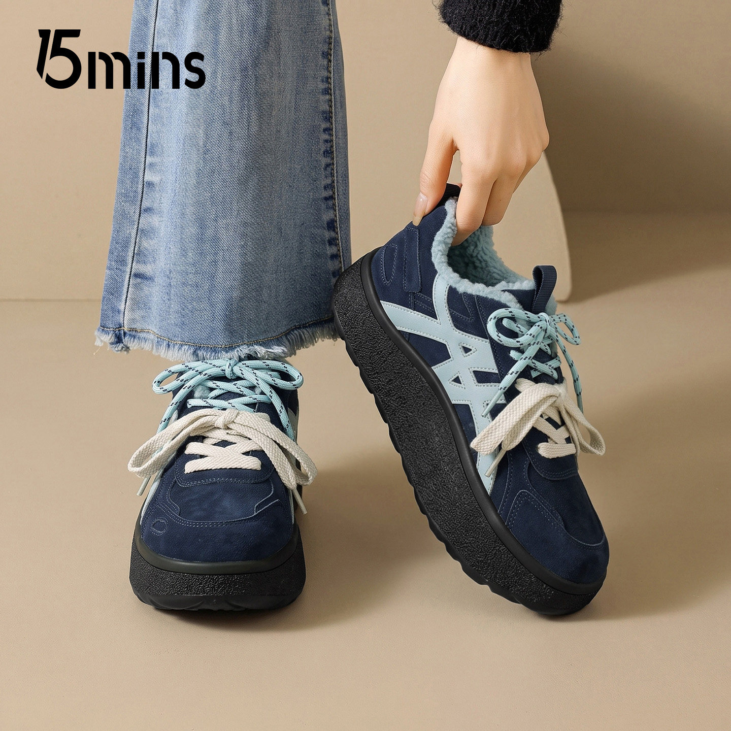 15mins加绒厚底德训鞋女保暖