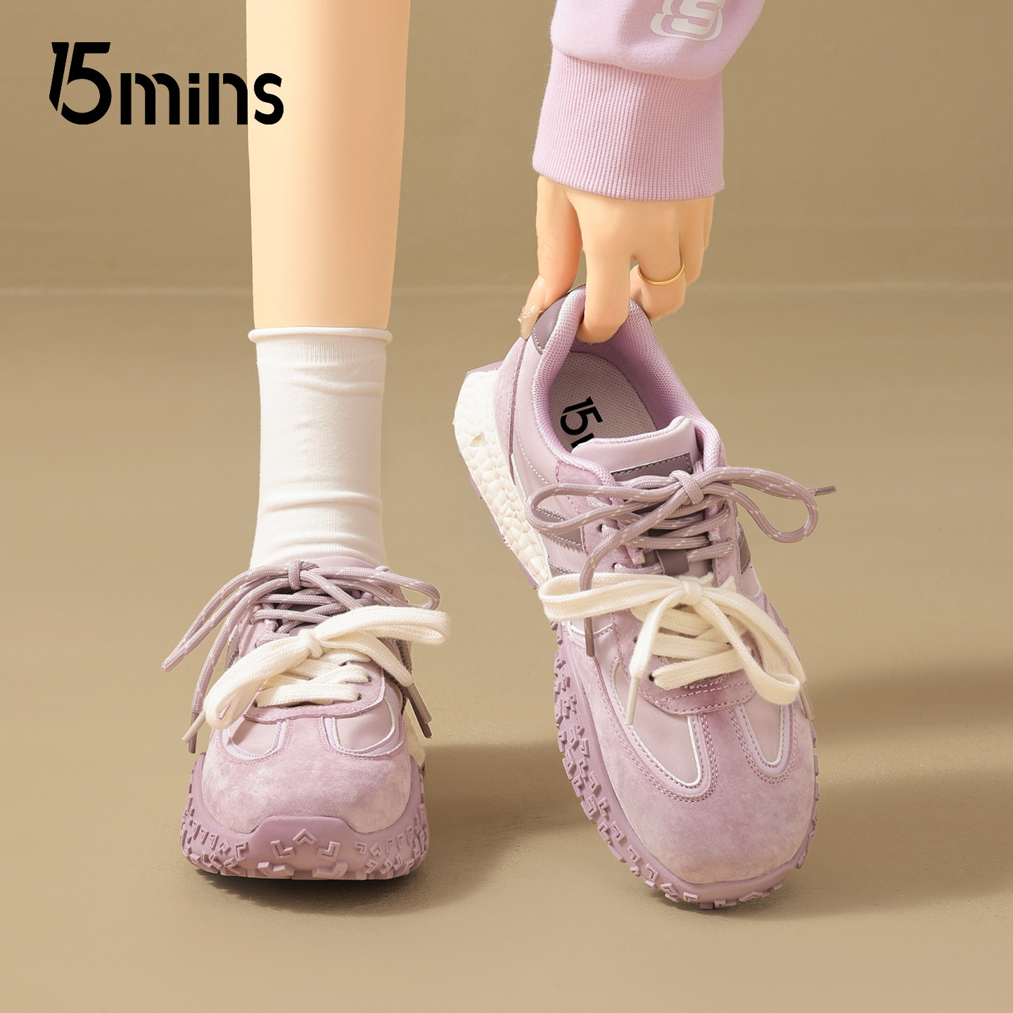 15mins复古风紫色德训鞋女2026秋冬新款时尚厚底百搭休闲运动鞋子