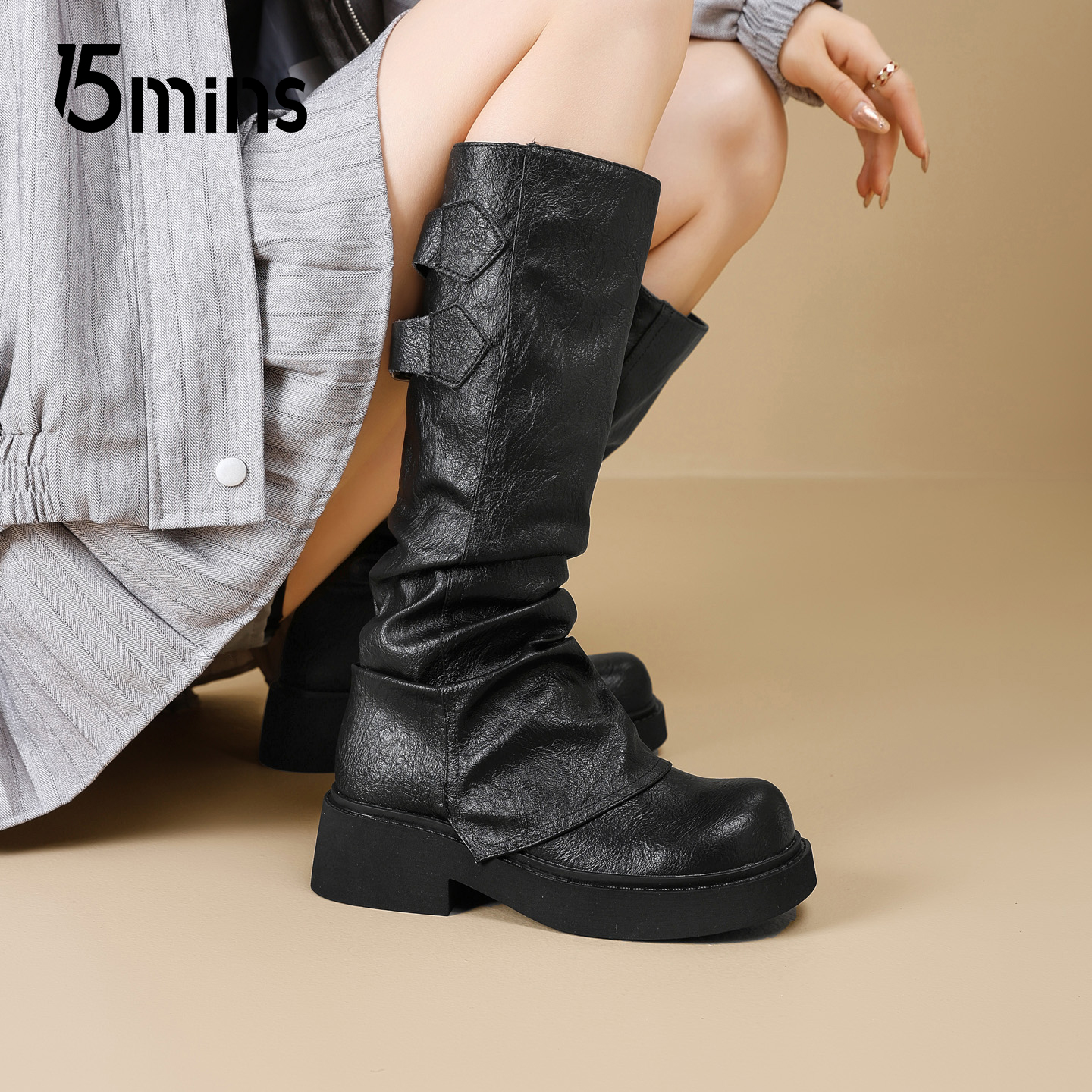 15mins长筒靴女2025秋季新款黑色