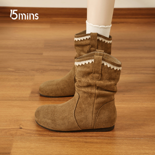 15mins勃肯短靴女款2026新款春季民族风堆堆靴一脚蹬平底短筒靴子