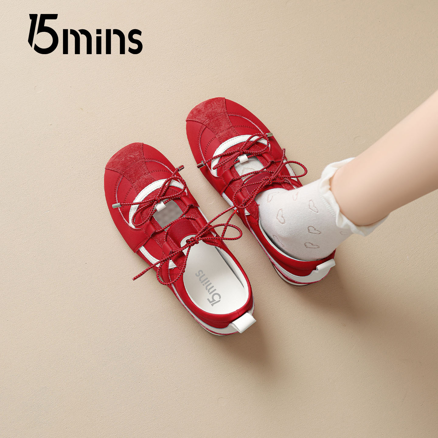 15mins红色绑带玛丽珍鞋女