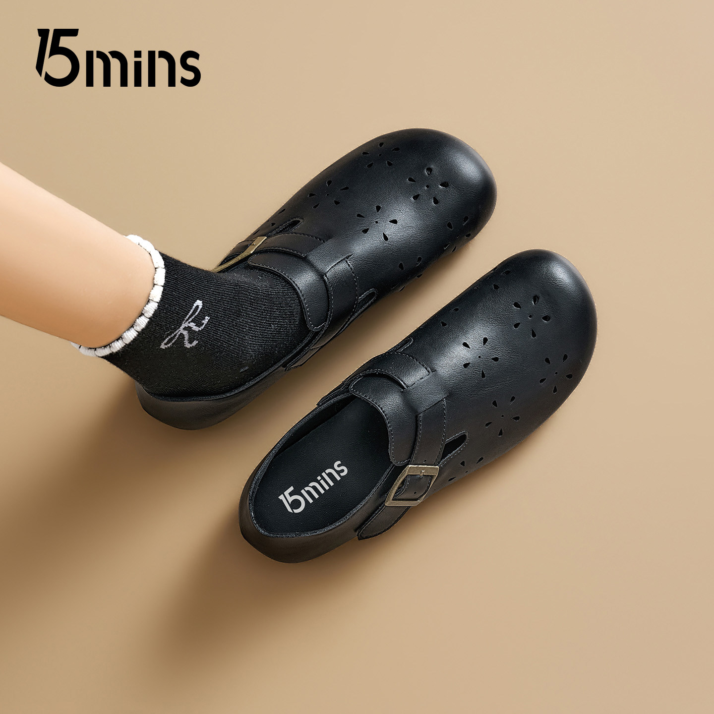 15mins复古舒适软底勃肯鞋女2026新款春季黑色圆头镂空轻便平底鞋,女鞋,勃肯鞋/软木鞋,淘宝优惠券,粉丝福利购,淘宝优惠卷