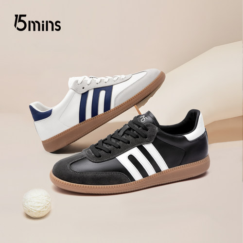 15MINS德训鞋女2025秋季新款男士真皮厚底防滑透气运动休闲板鞋子