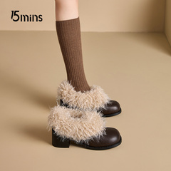 15mins方头毛毛鞋女一脚蹬复古加绒保暖玛丽珍小皮鞋棉鞋粗跟单鞋