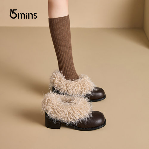 15mins25新款冬季粗跟毛毛鞋子女