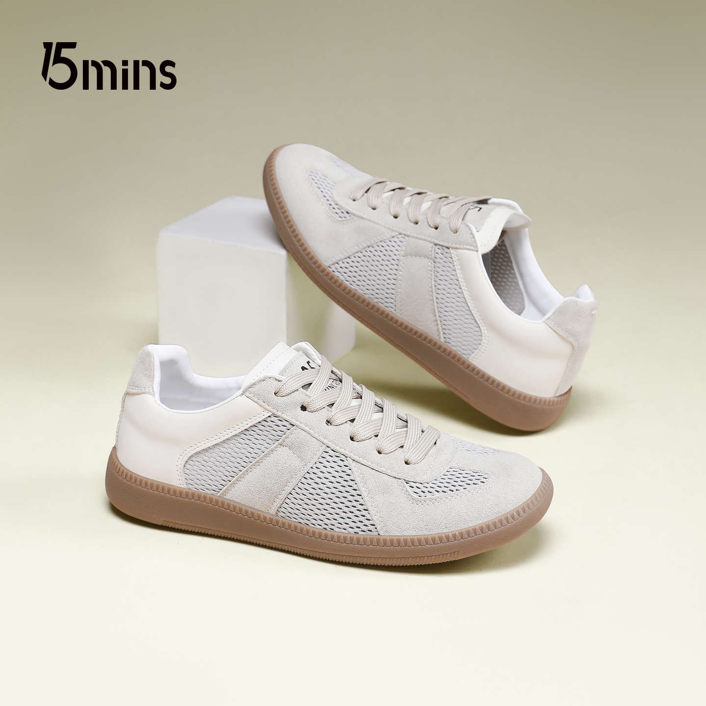 15mins休闲德训鞋女2025年秋季真皮透气软底网面休闲情侣板鞋子男