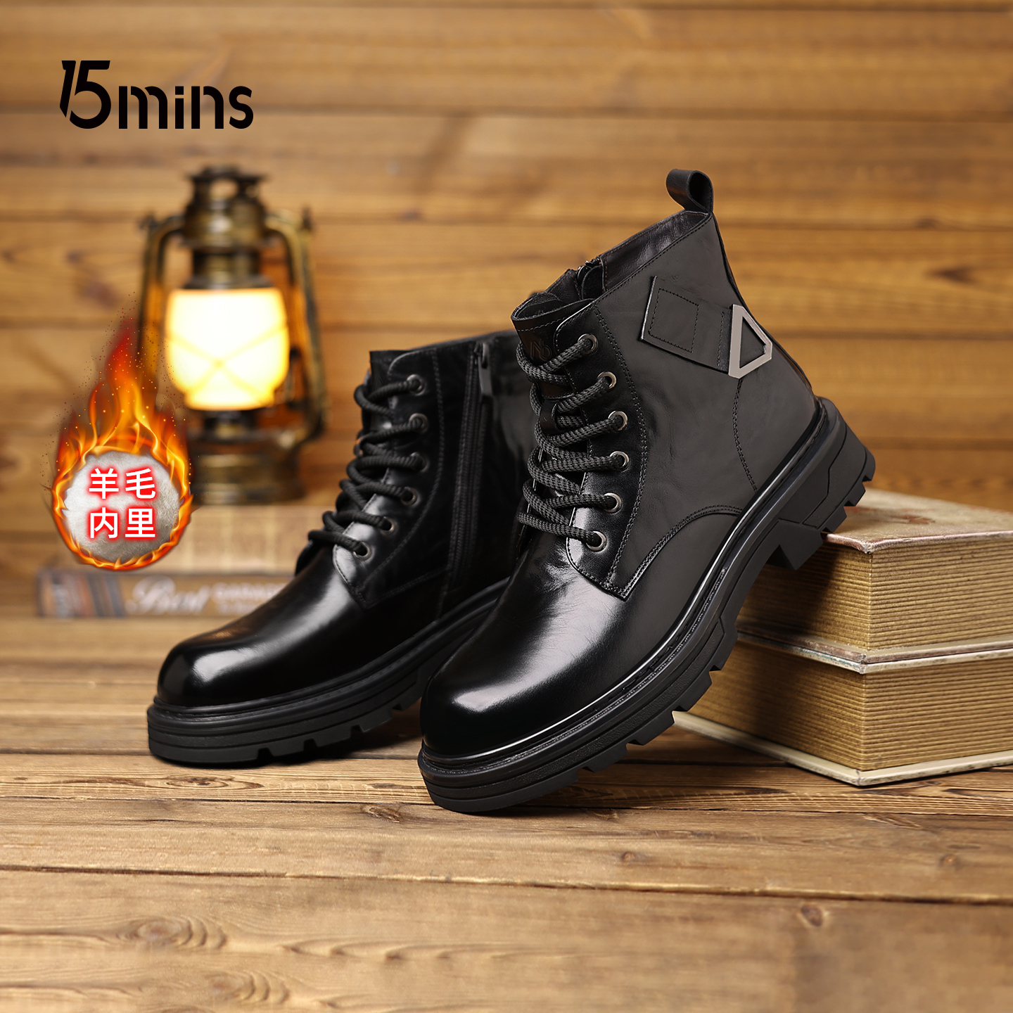 15mins头层牛皮马丁靴男士冬季羊毛加厚保暖厚底高帮棉鞋男士皮靴