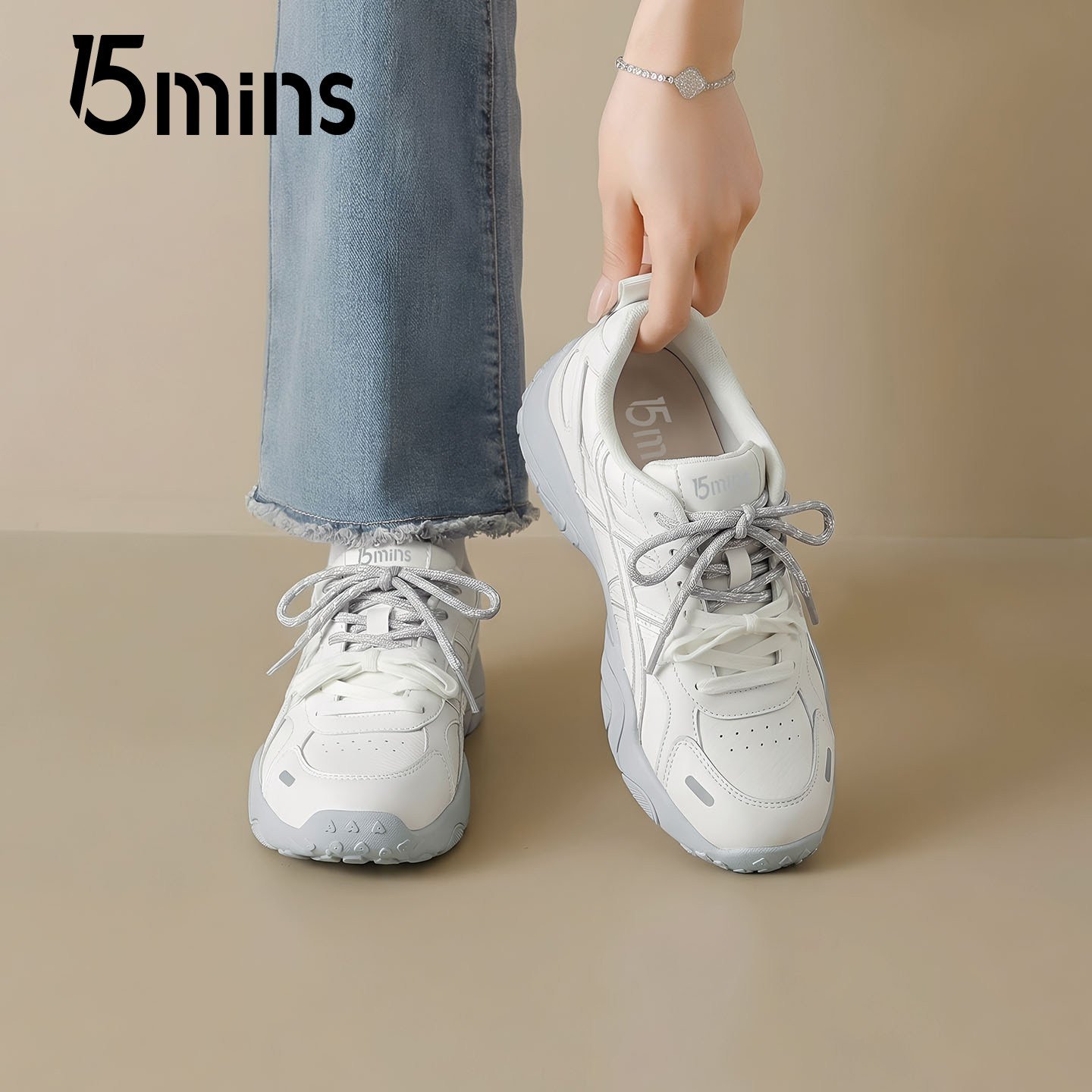 15mins白色德训鞋女复古厚底