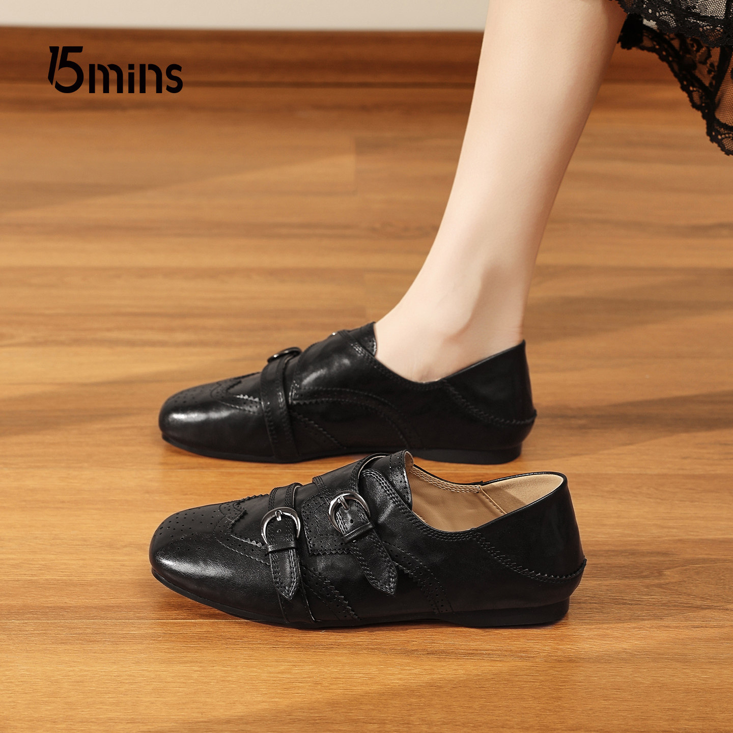 15mins黑色平底乐福鞋女2026春季新款通勤两穿复古法式豆豆鞋单鞋,女鞋,乐福鞋（豆豆鞋）,淘宝优惠券,粉丝福利购,淘宝优惠卷