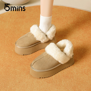 15mins厚底雪地靴女2026新款冬季加绒保暖两穿勃肯半拖棉鞋毛毛鞋
