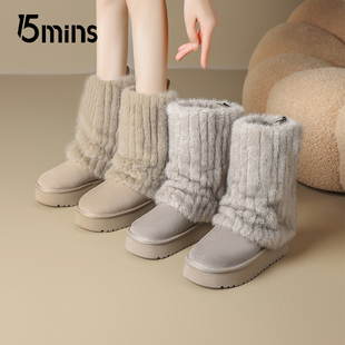 厚底棉鞋 加绒加厚时尚 秋冬季 15mins灰色雪地靴女中筒靴子2025新款