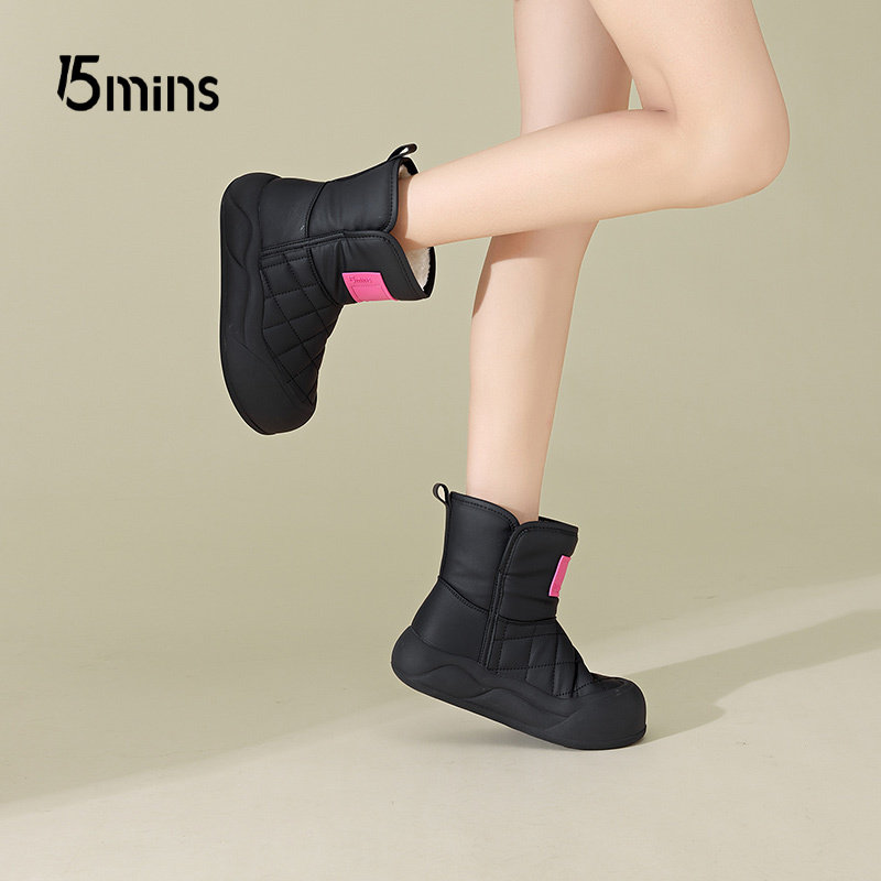 15mins软底面包靴女款2026年新款冬季厚底雪地靴黑色加绒保暖棉鞋