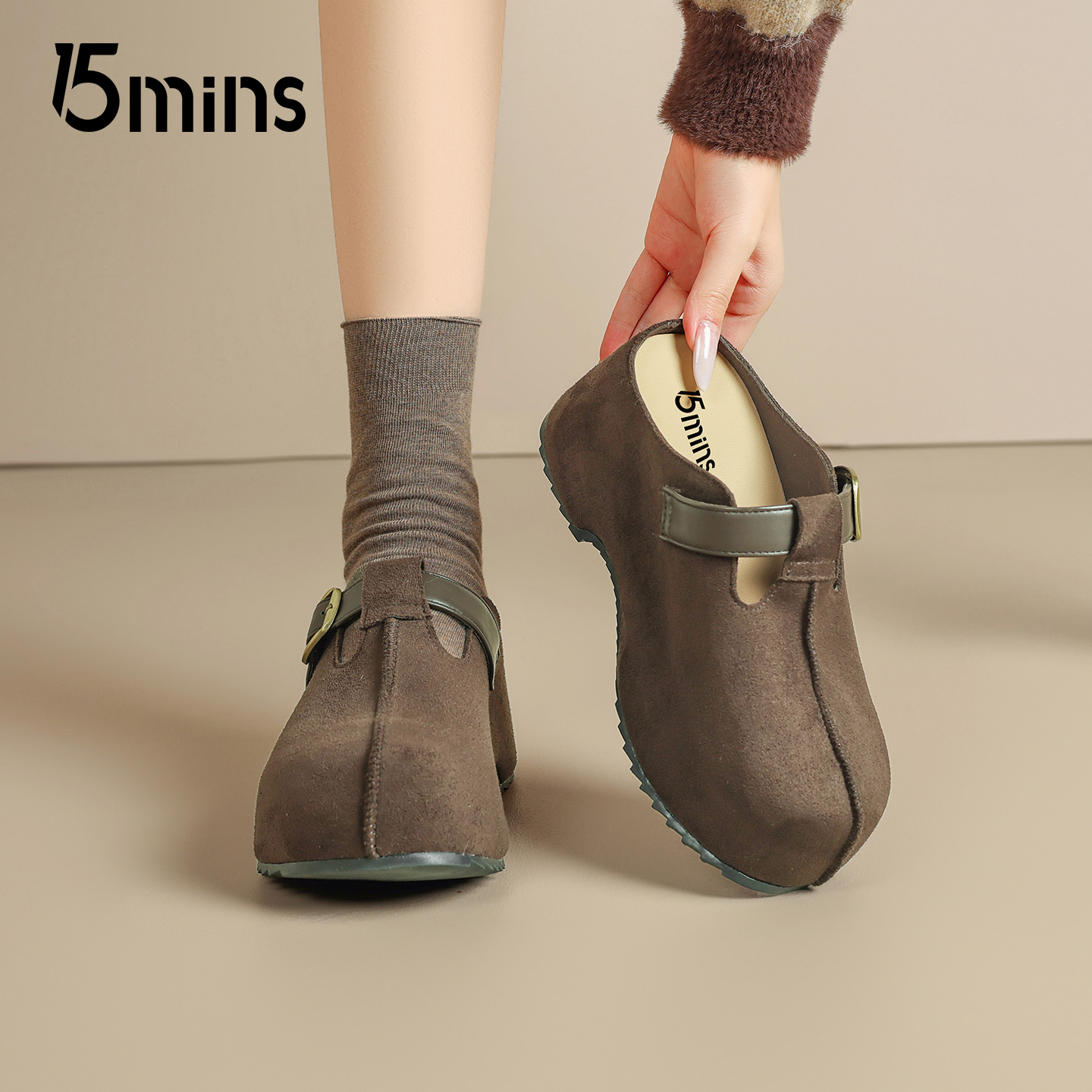 15mins复古厚底增高勃肯鞋女