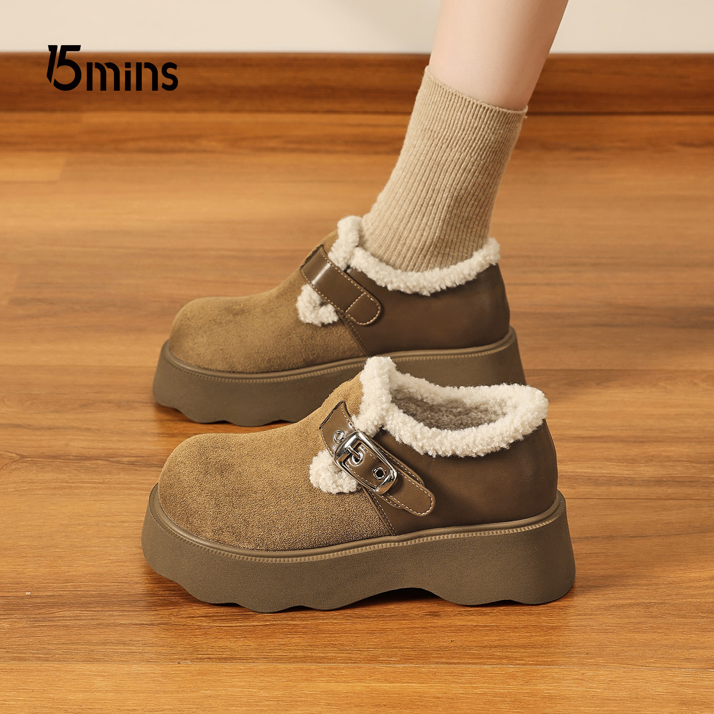 15mins厚底加绒勃肯鞋女2025新款