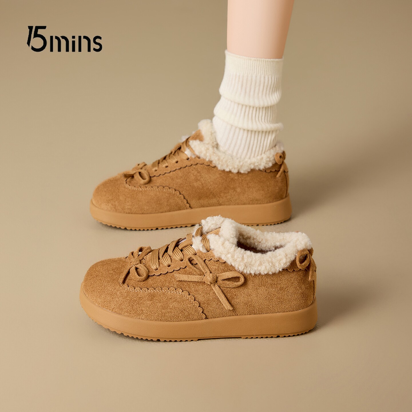 15mins蝴蝶结厚底加绒雪地靴女款毛毛鞋2026新款冬季保暖板鞋棉鞋