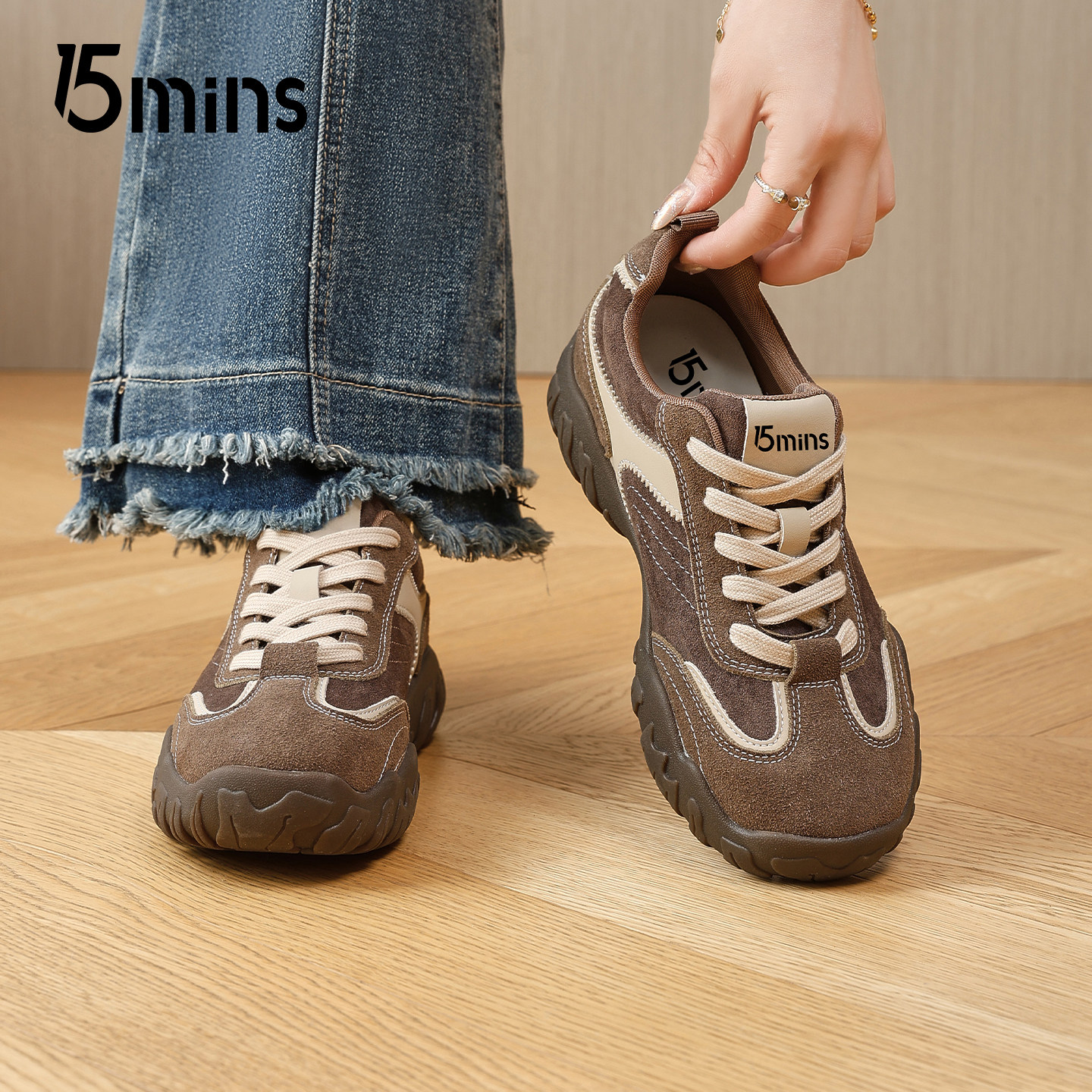 15mins棕色厚底德训鞋女2026春季新款复古风阿甘鞋百搭休闲运动鞋,女鞋,时尚休闲鞋,淘宝优惠券,粉丝福利购,淘宝优惠卷
