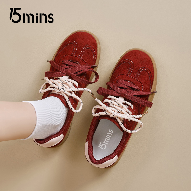 15mins红色刺绣复古厚底德训鞋女