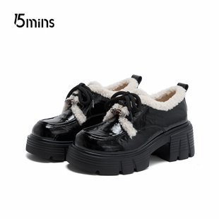 15mins黑色毛毛乐福鞋女2025新款冬季加绒雪地靴厚底粗跟小皮鞋子