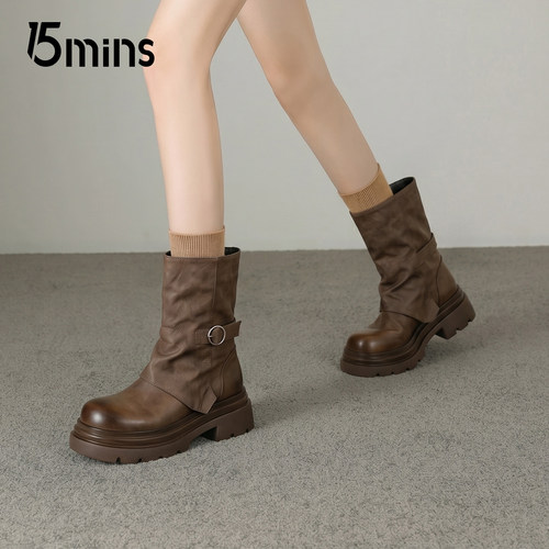 15mins棕色厚底裤管靴女英伦风