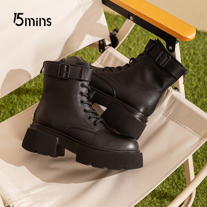 15mins厚底马丁靴女款秋冬季2025新款款英伦风机车靴黑色高跟短靴