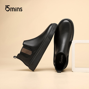 15mins头层牛皮男鞋男士秋季新款平底防滑中帮套脚真皮切尔西靴子