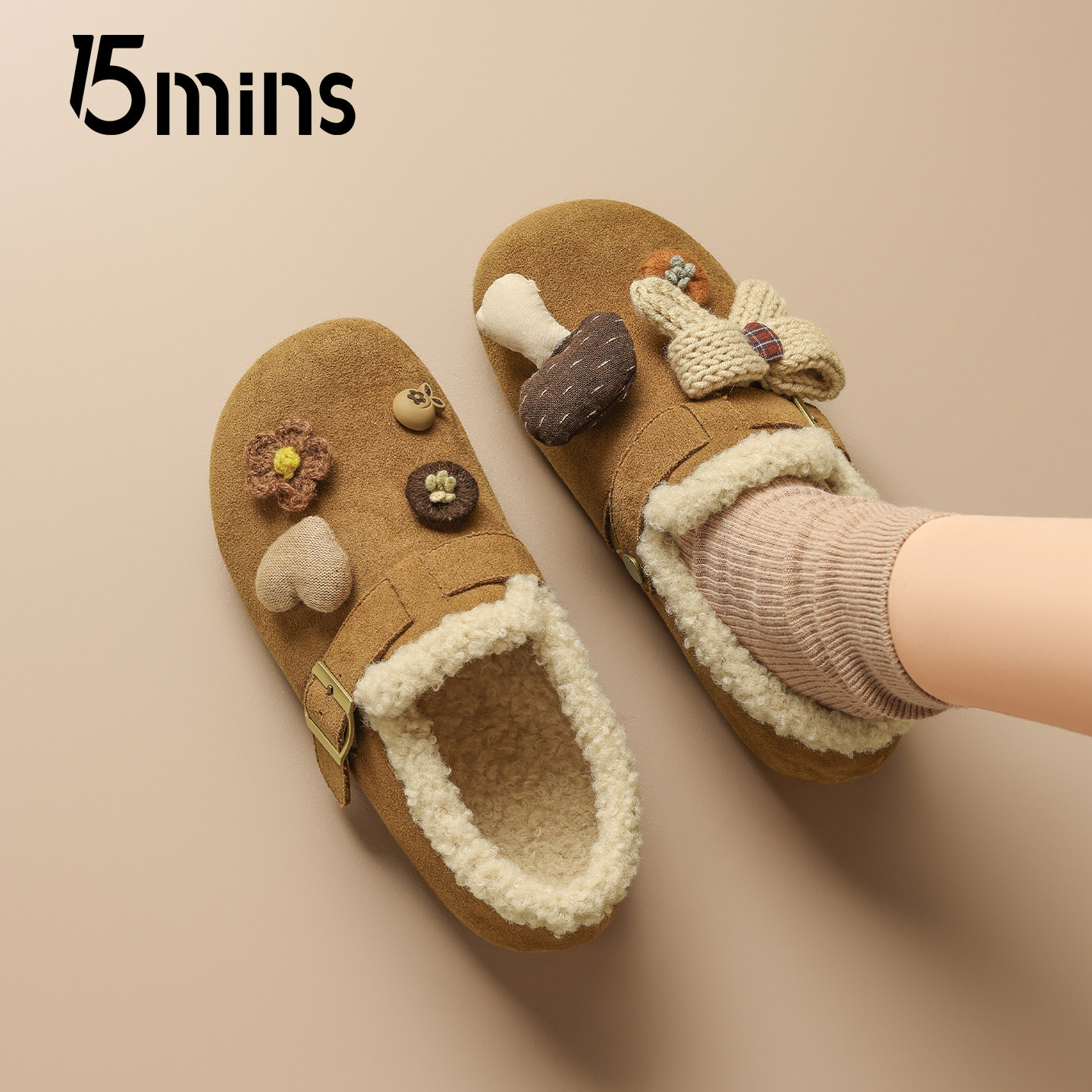 15mins全包加绒勃肯鞋女款2025新款冬季保暖厚底可爱棉鞋毛绒单鞋