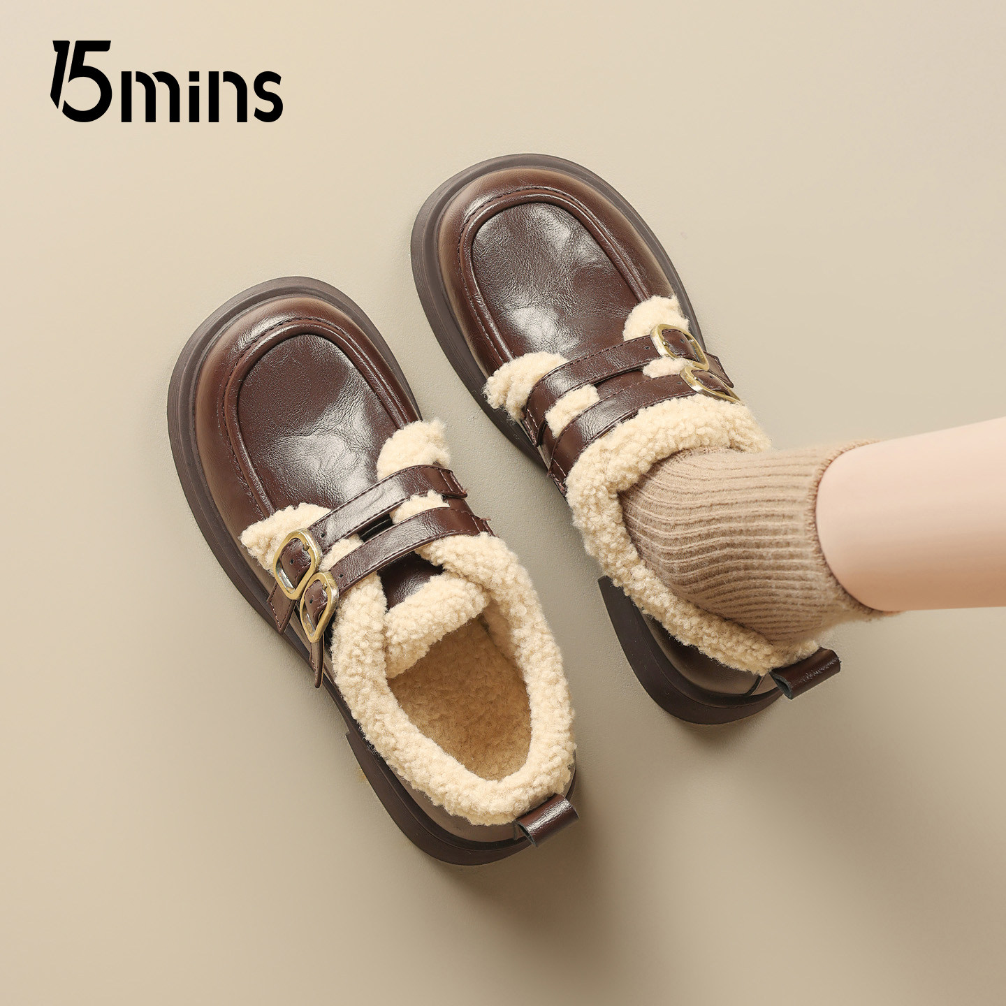 15mins加绒乐福鞋女款2025新款厚底英伦风小皮鞋一脚蹬保暖豆豆鞋,女鞋,乐福鞋（豆豆鞋）,淘宝优惠券,粉丝福利购,淘宝优惠卷