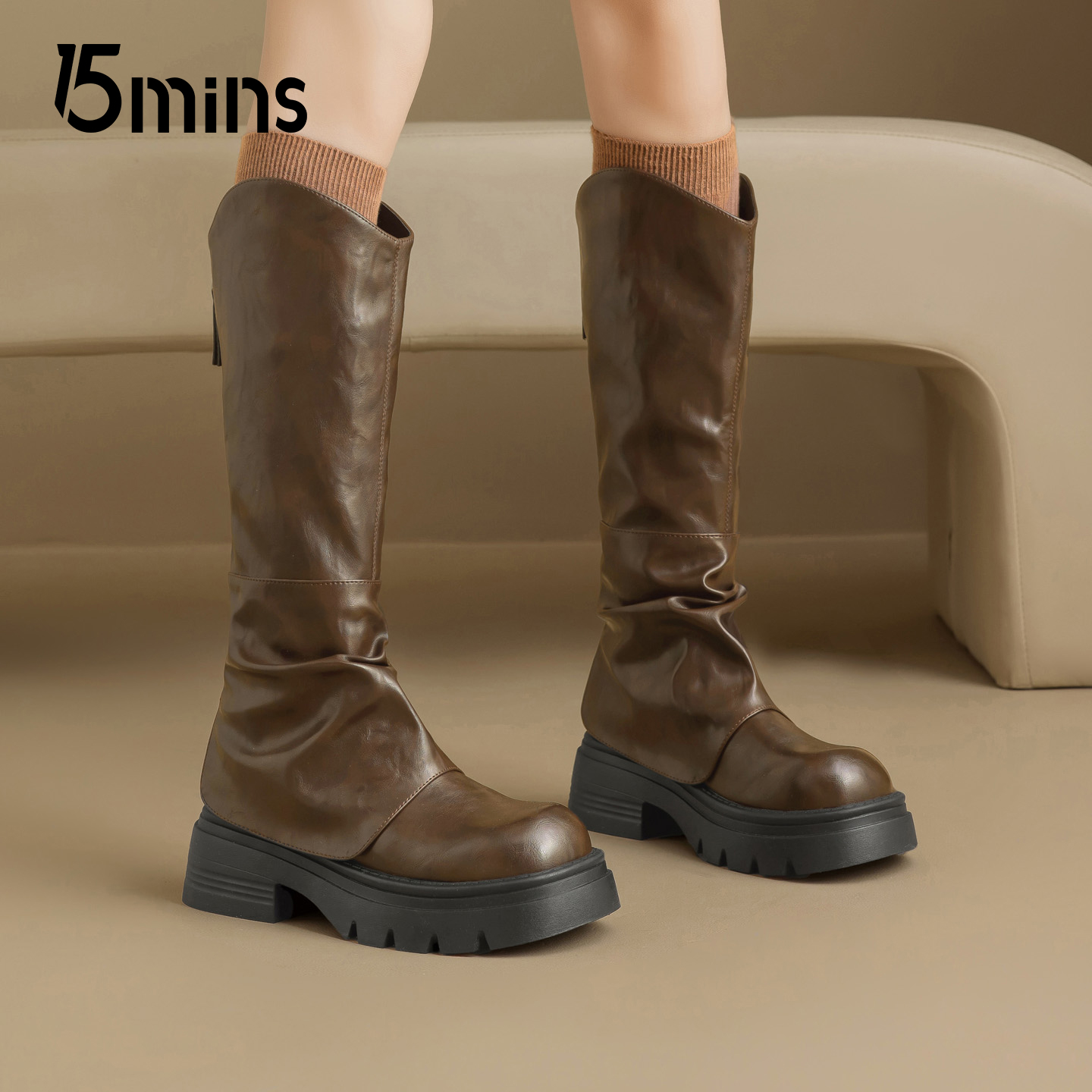 15mins棕色加绒长筒靴女2025新款