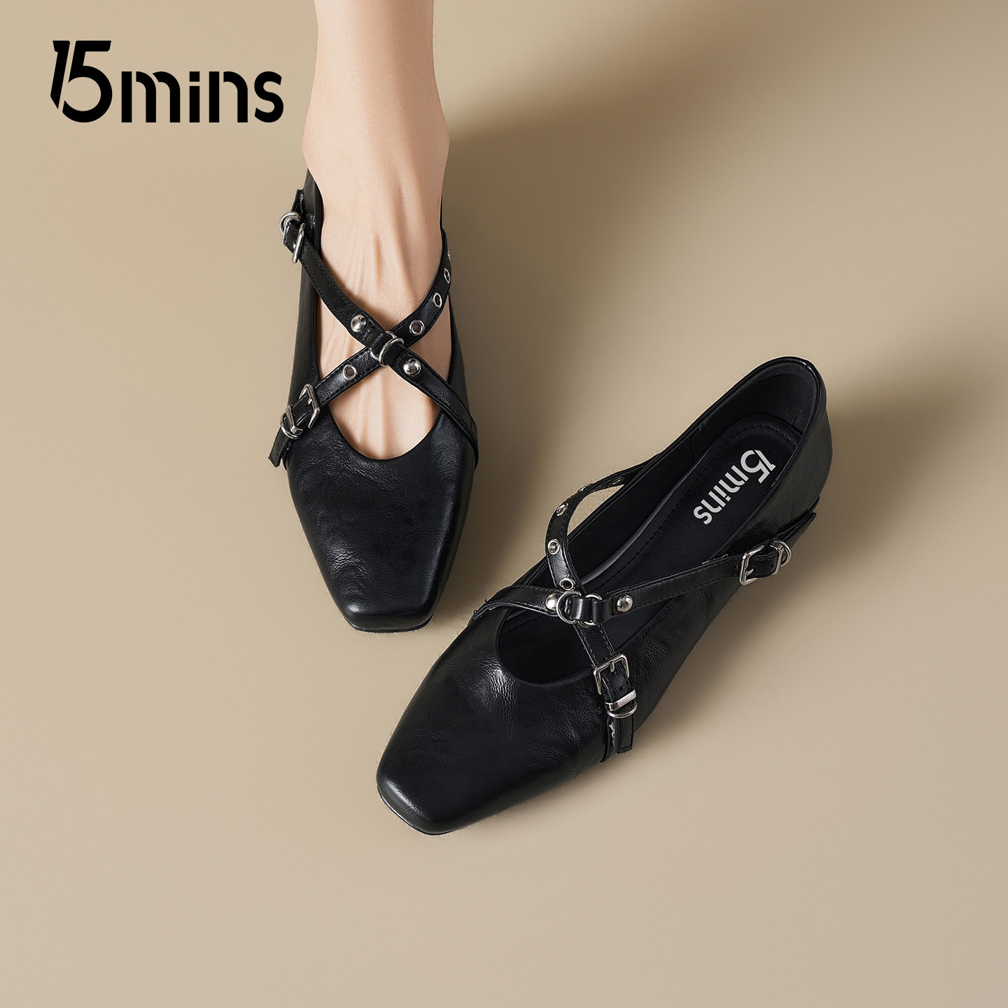 15mins复古粗跟玛丽珍鞋女2026新款春季铆钉交叉绑带时尚芭蕾单鞋,女鞋,玛丽珍鞋,淘宝优惠券,粉丝福利购,淘宝优惠卷