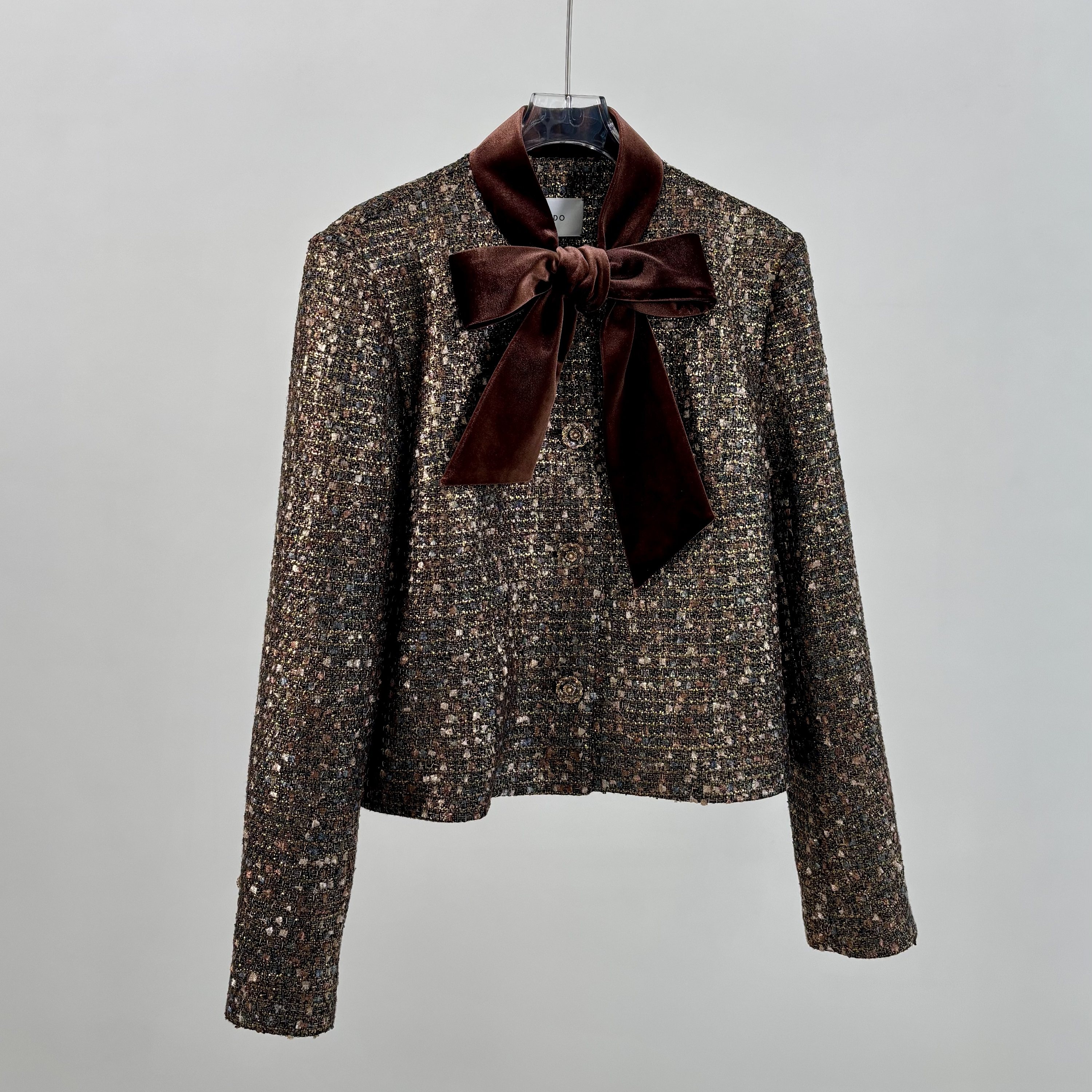 丝绒飘带烫金立体编织小香风外套