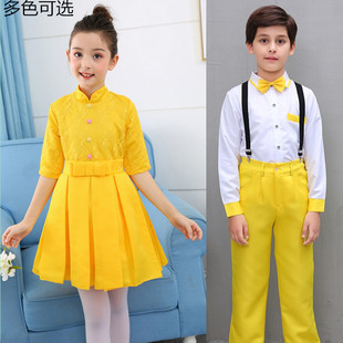 儿童合唱演出服中式公主裙男生背带裤少儿吟诵节目舞台合唱团黄色