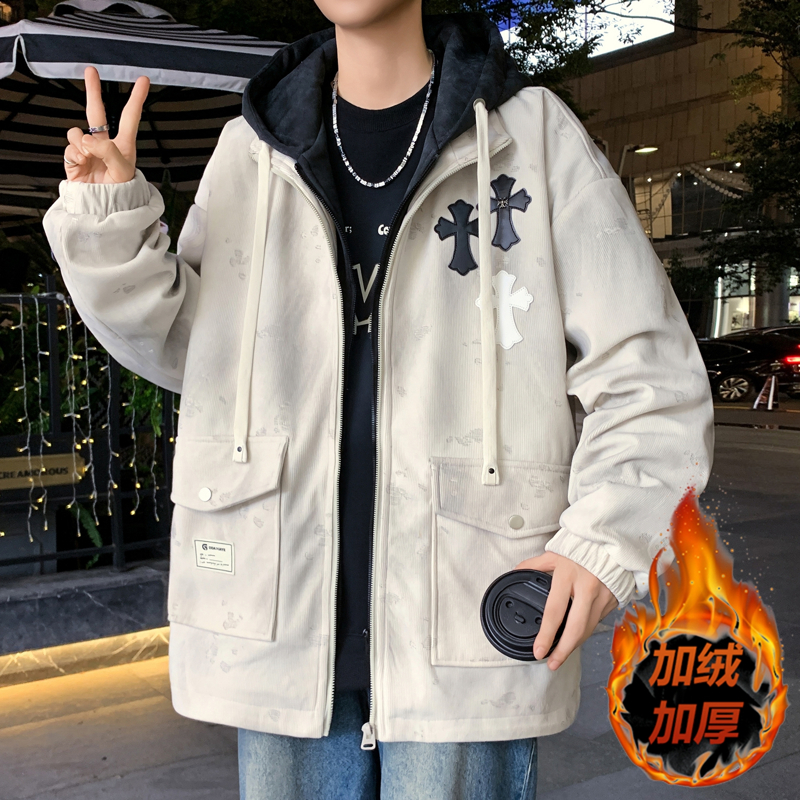 青少年秋冬款加绒外套男孩初高中学生潮牌帅气羽绒服大童加厚棉衣