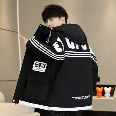 潮流连帽休闲短款拼色羽绒服男