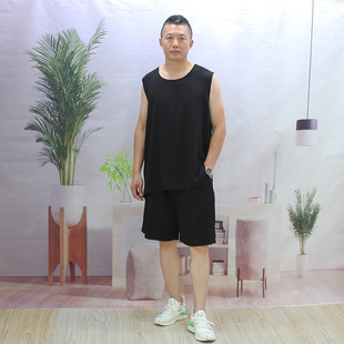 夏款棉绸背心短裤套装宽松青年男士跑步人造棉特大码加肥胖子运动