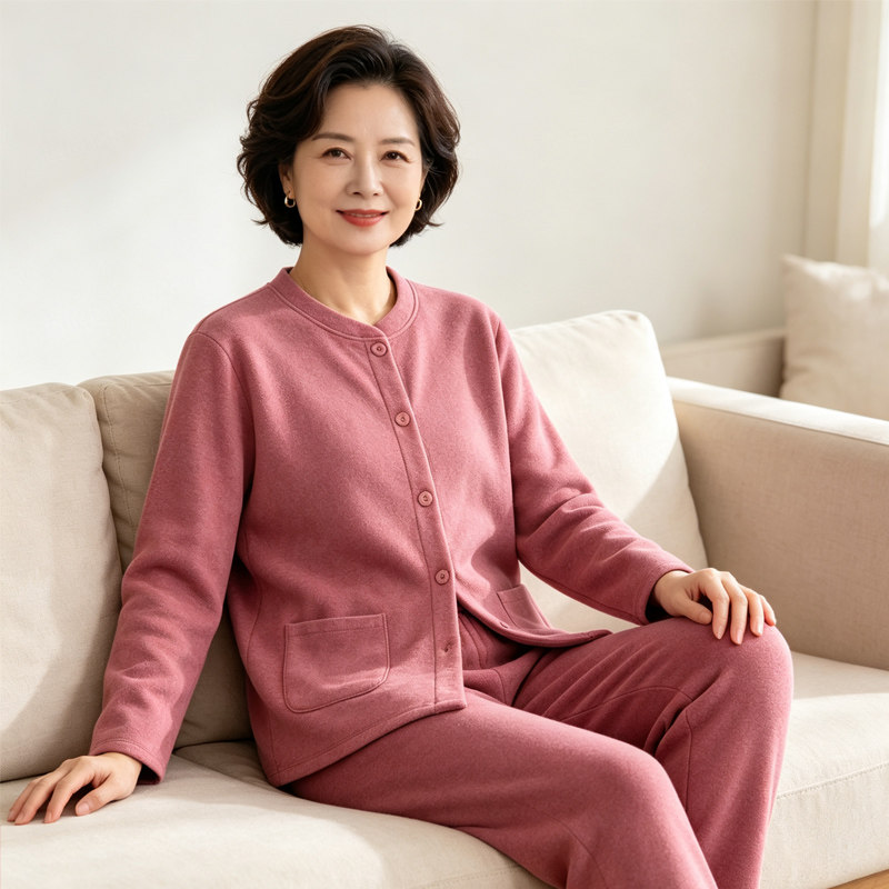 女士德绒开衫保暖内衣套装中老年人前开扣磨毛秋衣秋裤休闲家居服